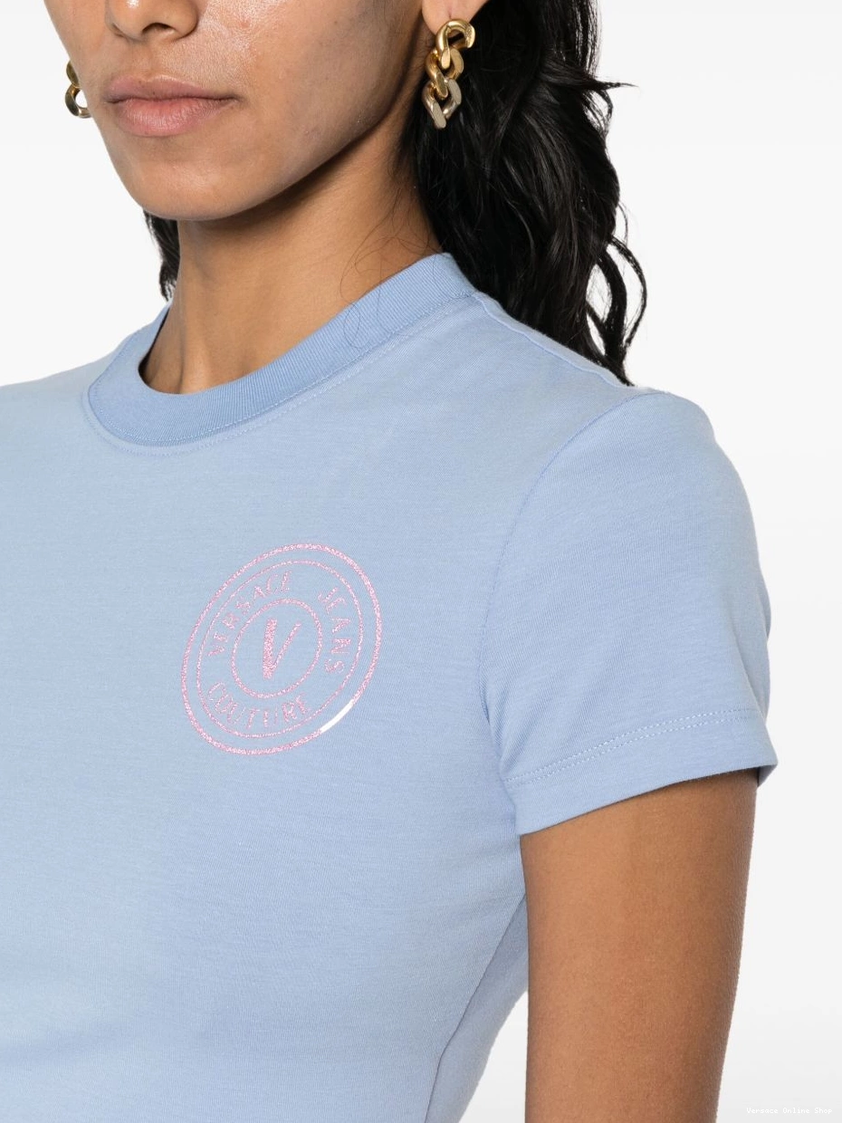Cheap glitter-logo Jeans Couture Versace cropped cotton Women T-shirt 0728